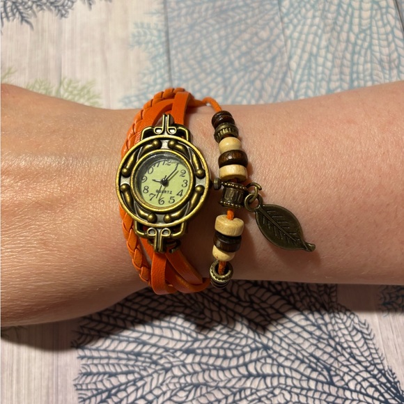 Orange Leather Wrap Bracelet Watch - Picture 2 of 8